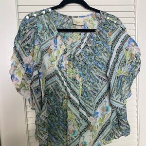 Maeve Blue and Green Flutter Sleeve Graphic Blouse